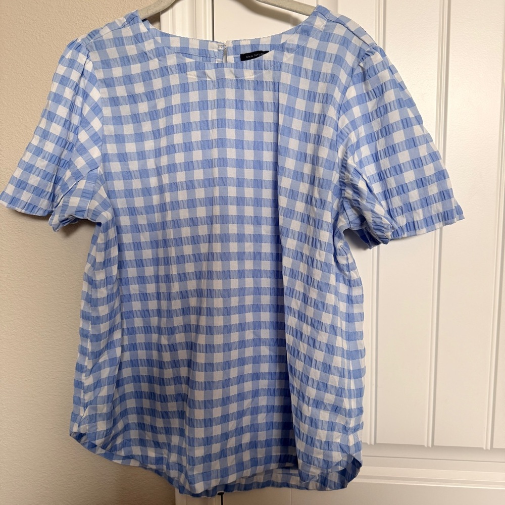 Ann Taylor Blue and White Gingham Checkered Plaid Blouse Size L